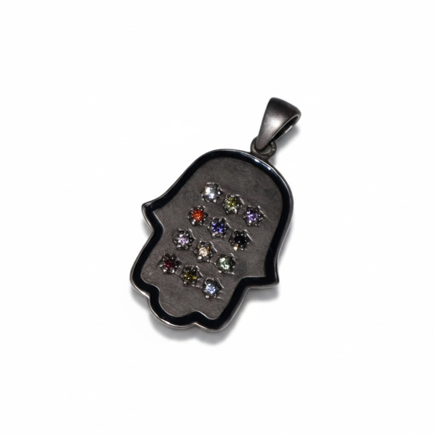 Pre-loved oxidized sterling silver Hamsa pendant with multicolor stone inlays – photo 1