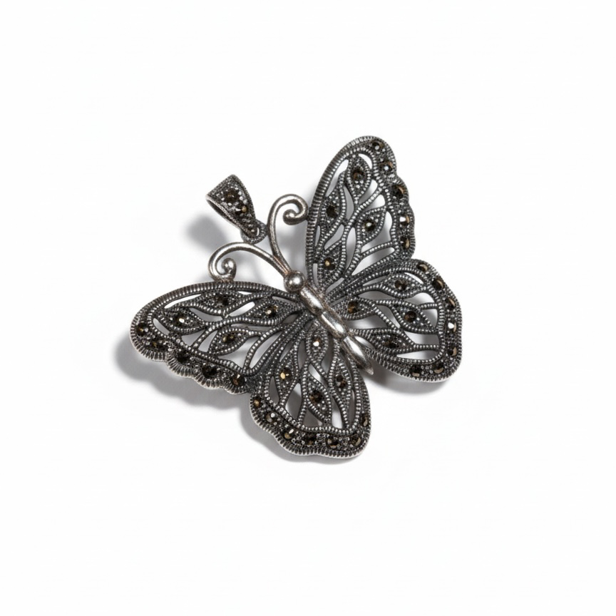 Pre-loved sterling silver filigree butterfly pendant with marcasite stones – photo 1