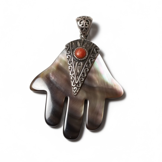 Mother-of-pearl Hamsa pendant with sterling silver accent and coral-colored stone – photo 1