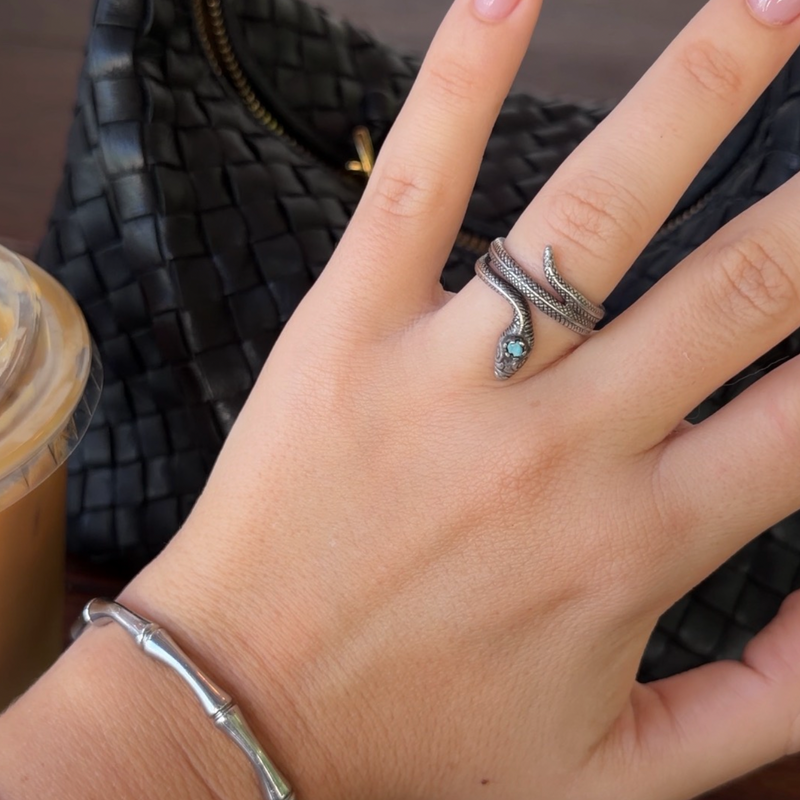 Pre-loved oxidized sterling silver snake ring with pale blue stone – photo 2