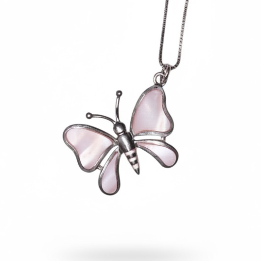 Sterling silver butterfly pendant with pink shell-style wings – photo 1