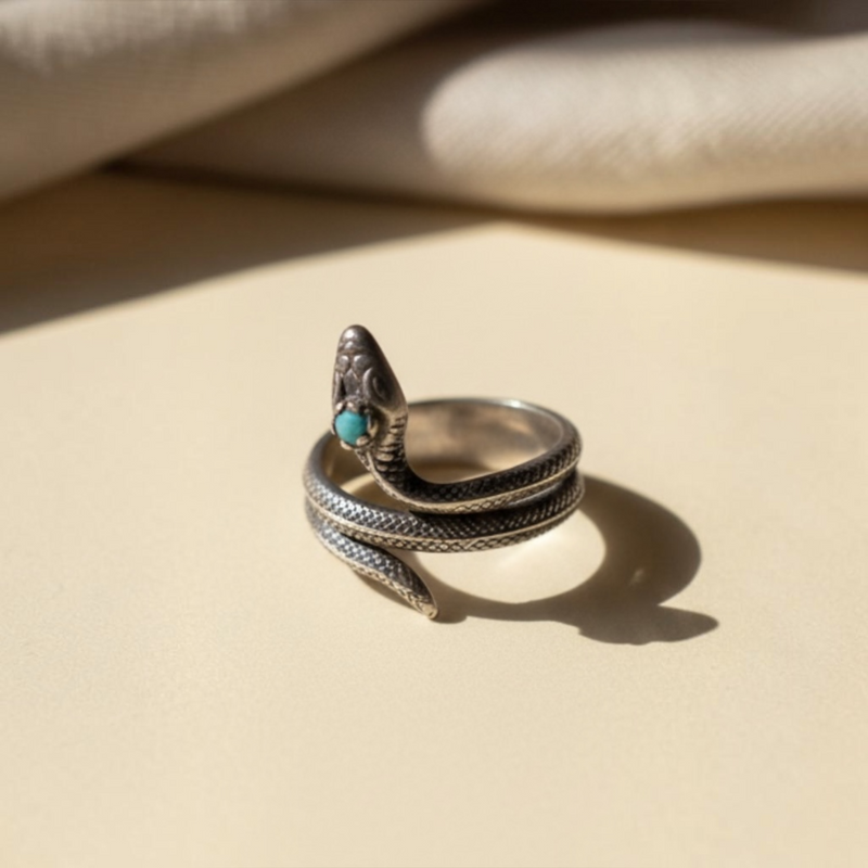 Pre-loved oxidized sterling silver snake ring with pale blue stone – photo 3