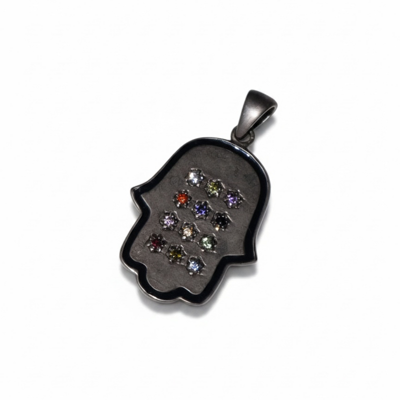 Pre-loved oxidized sterling silver Hamsa pendant with multicolor stone inlays – photo 1