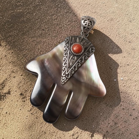 Mother-of-pearl Hamsa pendant with sterling silver accent and coral-colored stone – photo 4