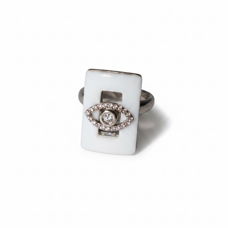Pre-loved sterling silver statement ring with white centerpiece and Evil Eye motif – photo 1