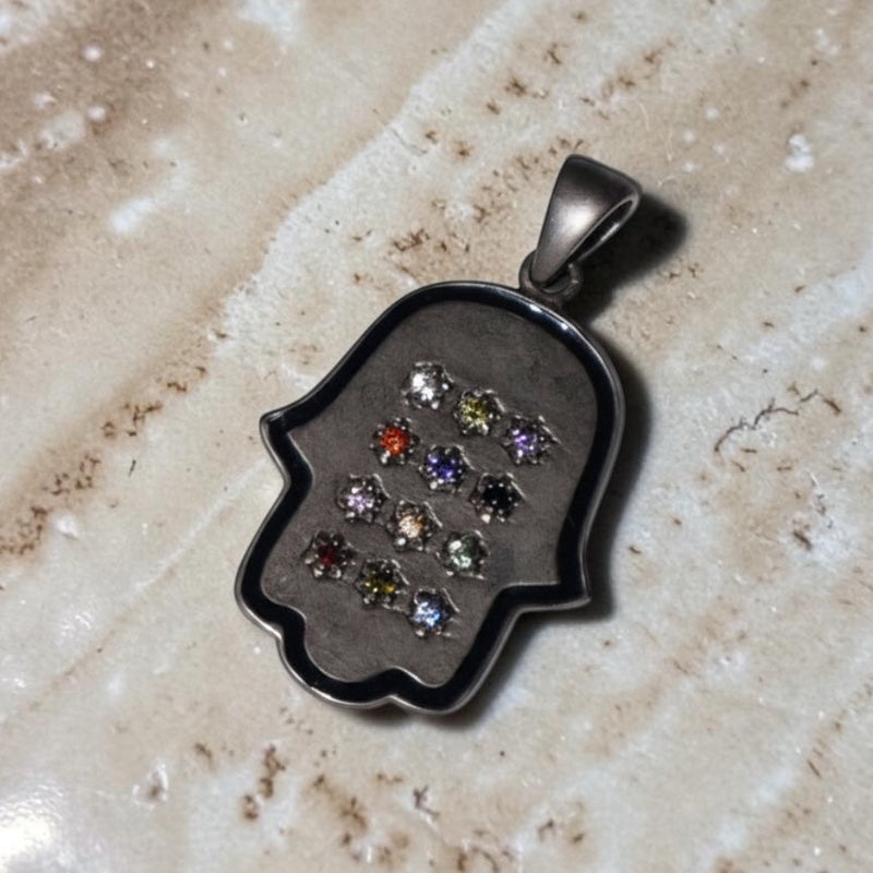 Pre-loved oxidized sterling silver Hamsa pendant with multicolor stone inlays – photo 2