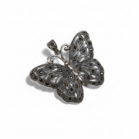Pre-loved sterling silver filigree butterfly pendant with marcasite stones – photo 1