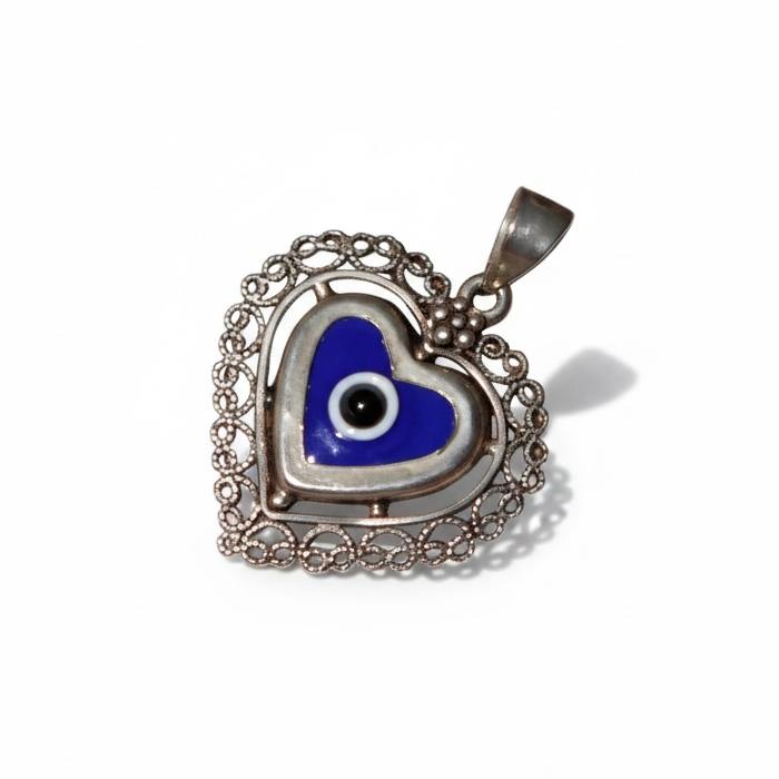 Sterling silver filigree heart pendant with blue evil eye – photo 1
