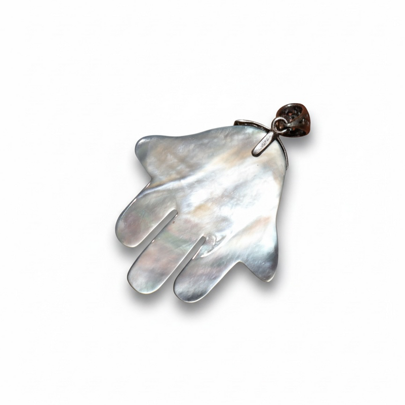 Mother-of-pearl Hamsa pendant with sterling silver accent and coral-colored stone – photo 3